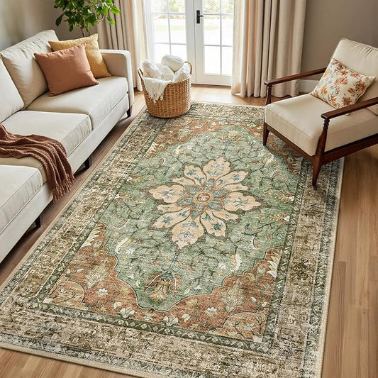 RELEANY Area Rugs 5'x8' Washable Non-Slip, Floral Vintage Distress Medallion Carpet for Living Room Bedroom Dining Room, Terracotta Burnt Orange Green