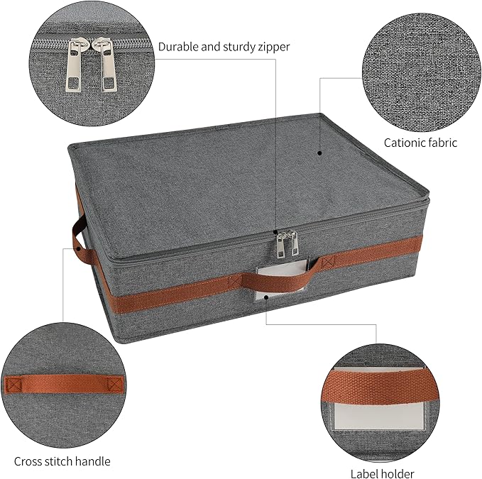 Mug storage box with divider, tea cup and coffee mug storage container with zipper cover and reinforced handle, hard shell, stackable, foldable (Grey red, Mug Storage Case)
