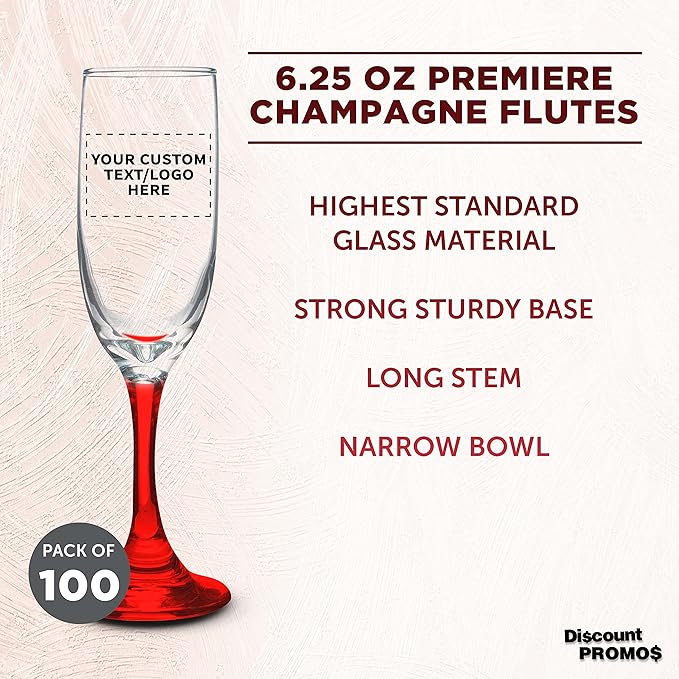 DISCOUNT PROMOS Custom Premiere Champagne Flutes 6.25 oz. Set of 100, Personalized Bulk Pack - Elegant Drinkware for Weddings, Events, & Promotional Gifts - Red