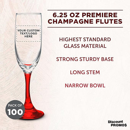 DISCOUNT PROMOS Custom Premiere Champagne Flutes 6.25 oz. Set of 100, Personalized Bulk Pack - Elegant Drinkware for Weddings, Events, & Promotional Gifts - Red