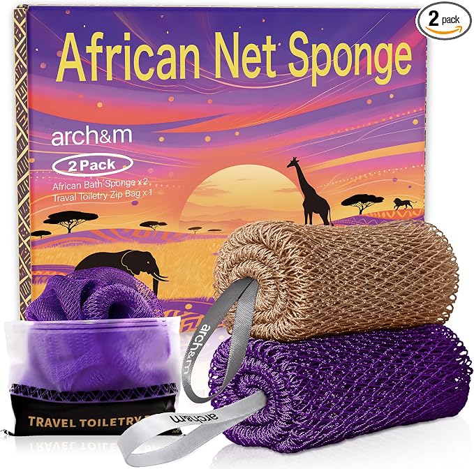 ARCH&M African Net Sponge Authentic with Knots, 2 Pack 53" Long | Exfoliating Back Scrubber, Quick-Dry Shower Mesh Loofah, Daily Use For Body & Face, Gentle for All Skin Types