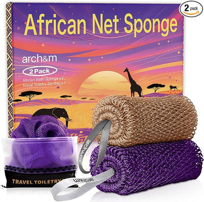 ARCH&M African Net Sponge Authentic with Knots, 2 Pack 53" Long | Exfoliating Back Scrubber, Quick-Dry Shower Mesh Loofah, Daily Use For Body & Face, Gentle for All Skin Types