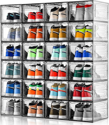 Stebopum 12 Pack Shoe Boxes Shoes Organizer, Shoe Storage Organizer Boxes with Magnetic Door, Clear Shoe Organizers Sneaker Storage Shoe Box for Women/Men, Fit up to US Size 12