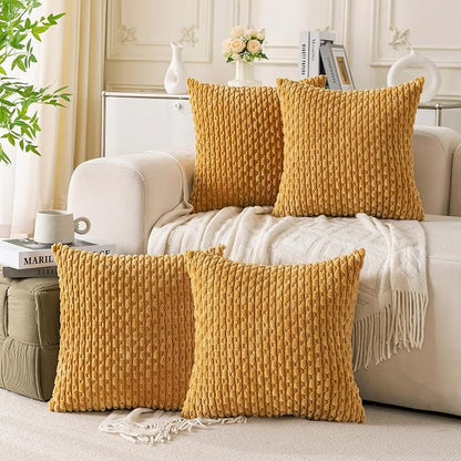 Set of 4 Mustard Yellow Decorative Throw Pillow Covers 18x18 Inch Corduroy Pillow Covers for Bed Couch Sofa Living Room Soft Square Cushion Cases