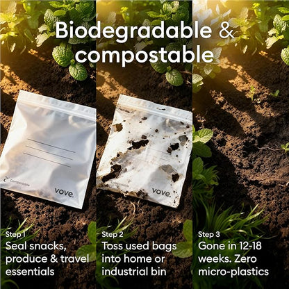 Vove Compostable Storage Bags 140 Ct Multi-Size (S/M/L/XL) – PFAS-Free, BPI Certified, Freezer Safe with Airtight Seal for Food & Meal Prep, Plant-Based