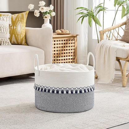 KAKAMAY Cotton Rope Storage Basket (20"x13"),Woven Hamper for Blankets,Toys,Pillows,Clothes,Laundry,Sturdy Handles Decorative Basket for Living Room, Bedroom,Nursery(Blue Printing)