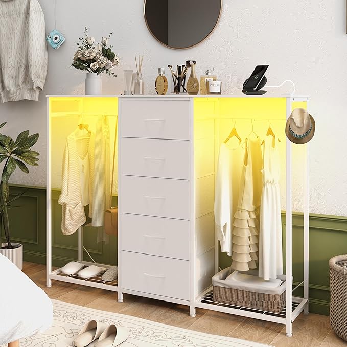Dresser for Bedroom with Clothes Rack 5 Drawer Dresser with Charging Station LED Lights White Chest of Drawers Flexible Shelf and Open Storage Space for Bedroom Living Room (White)