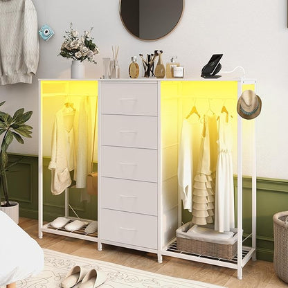 Dresser for Bedroom with Clothes Rack 5 Drawer Dresser with Charging Station LED Lights White Chest of Drawers Flexible Shelf and Open Storage Space for Bedroom Living Room (White)