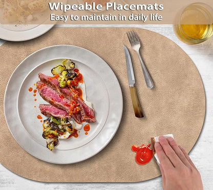 ADRIMER Placemats, Heat Resistant Oval Placemats Set of 4 Washable 12 x 17 Inch, Waterproof Table Placemats Set of 4, Wipeable Faux Leather Placemats for Kitchen, Dining Room, Apricot