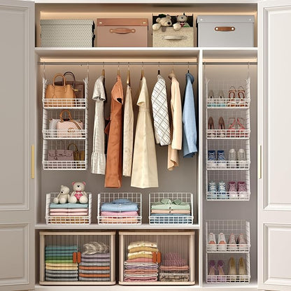 X-cosrack 4 Tier Closet Hanging Organizer, Foldable Closet Shelving with 2 Hanging Hooks 5 S Hooks, Wire Storage Basket for Wardrobe Laundry Room, for Clothing Sweaters Shoes Handbags Patent-White