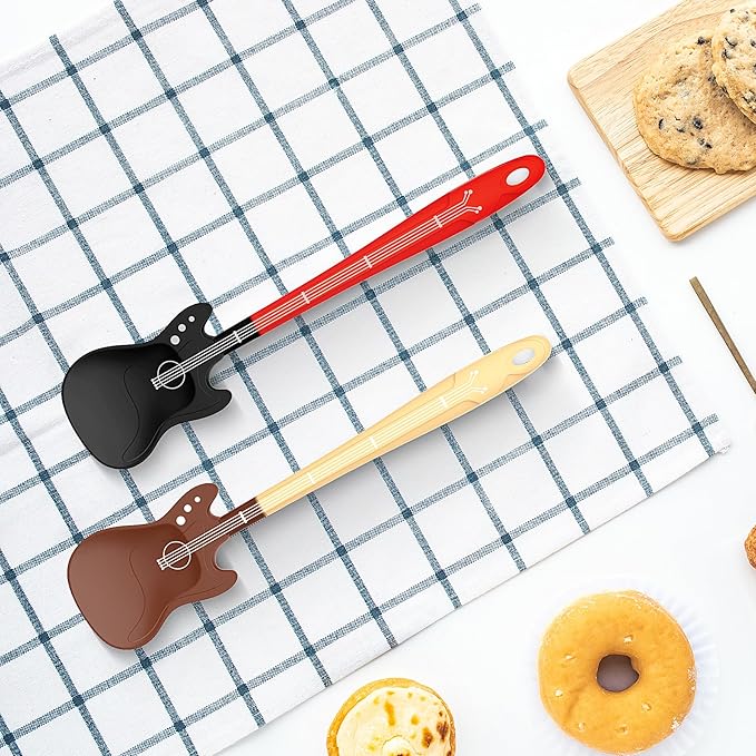 Novelty Guitar Silicone Spatula for Kitchen,Music-themed Tools, Food Grade Silicone – Unique Gift for Music Lovers and Cooking Enthusiasts (Yellow-brown & Black-red)