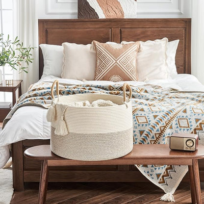 KAKAMAY Cotton Rope Storage Basket (20"x13"),Woven Hamper for Blankets,Toys,Pillows,Clothes,Laundry,Sturdy Handles Decorative Basket for Living Room, Bedroom,Nursery(Beige)
