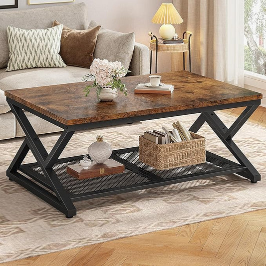 EnHomee Rustic Coffee Table with Storage, Farmhouse Coffee Table with Mesh Shelf, 2 Tier Rectangular Center Table for Living Room, Home Office, 39.4 Inch, Rustic Brown