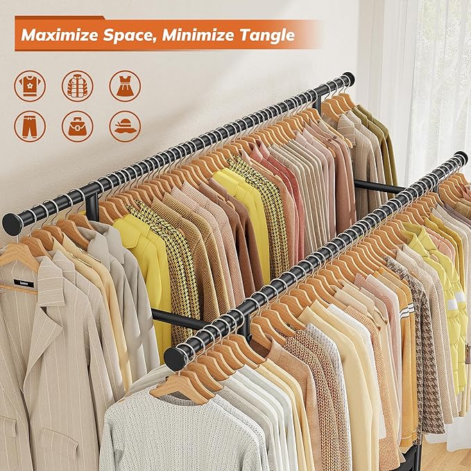 Clothes Rack, Clothing Racks for hanging clothes, Rolling clothes rack with Storage Basket & Heavy Duty Wheels, Double rods clothing rack for Bedroom, Laundry Room, Black
