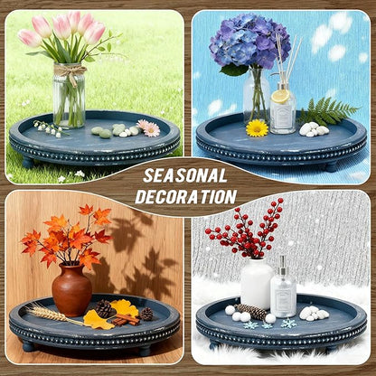 Handmade 12 Inch Decorative Tray, Small Beaded Tray Coffee Table Decor, Blue Decorative Display Risers for Coffee Table, Dining Room Entryway and Living Room
