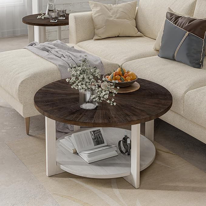 LONYKE Round Wood Coffee Table with Distressed Finish Top, Two-Tone Living Room Table with Lower Storage Shelf, Farmhouse Center Table, Large Circle, Brown and White