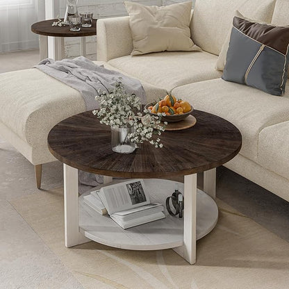 LONYKE Round Wood Coffee Table with Distressed Finish Top, Two-Tone Living Room Table with Lower Storage Shelf, Farmhouse Center Table, Large Circle, Brown and White
