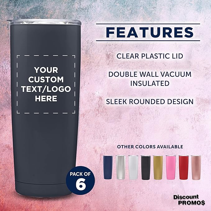 Custom Pipette Stainless Steel Coffee Tumblers 20 oz. Set of 6, Personalized Bulk Pack - Double Wall, Perfect for Coffee, Hot Cocoa, Other Hot & Cold Beverages - Charcoal