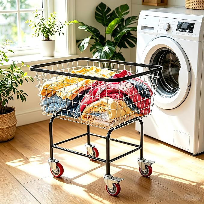 Wire Laundry Cart with Wheels, 2.5 Bushel Rolling Laundry Basket, Commercial Basket Carts for Laundry Room, Hotel, Home, Apartment Use, Durable Steel Frame with Galvanized Finish, 5" Casters