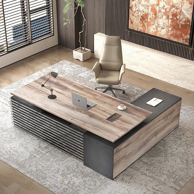 SAINTCY 78.74In L Shaped Executive Standing Desk with Drawers, Large Modern Adjustable Heigh Home Office Desk w/File Cabinet, AC/USB, Business Workstation, Black and Warm Oak