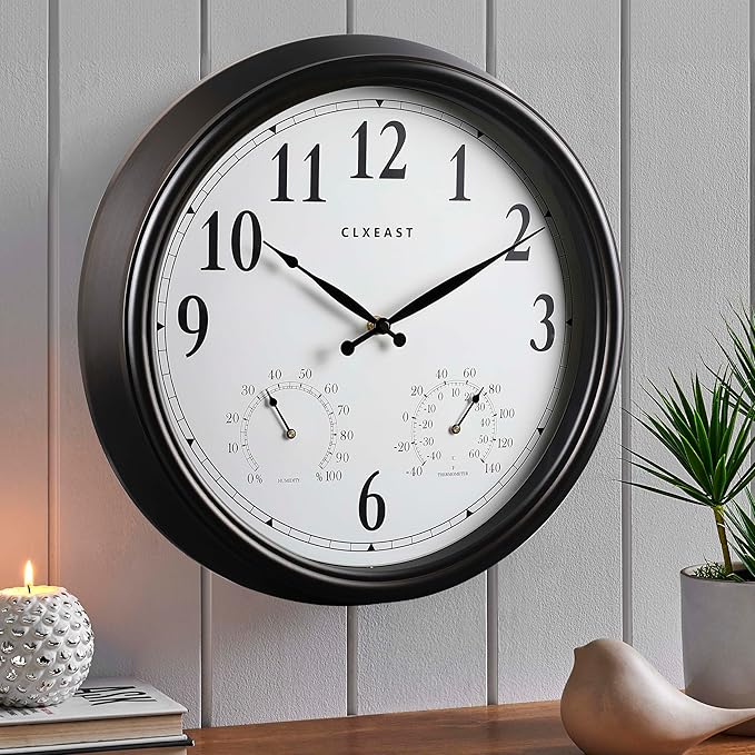 CLXEAST Outdoor Clocks for Patio Large Waterproof with Thermometer,18 inch Outdoor Wall Clock with Temperature and Humidity Combo,Weatherproof,Oil Rubbed Bronze