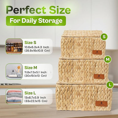 Natural Water Hyacinth Storage Baskets, 3-Piece Handwoven Nesting Organizer Set, Decorative Woven Containers for Bathroom, Kitchen, Living Room (Set 3 Baskets with Lids)