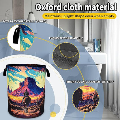 Western Cowboy Laundry Basket Desert Mountains Foldable Oxford Cloth Funny Tote Bag Laundry Hamper Clothes Storage Bucket Toy Organizer For Bathroom/Laundry Storage/Bedroom 18.9x16.5 Inch
