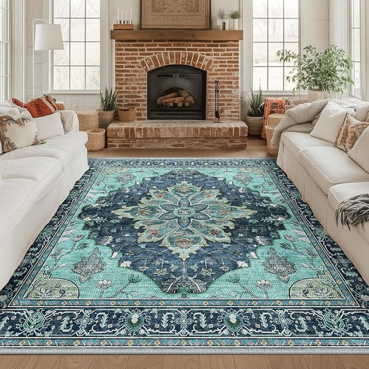 RELEANY Area Rugs Square 8ft Washable Non-Slip, Floral Vintage Distress Medallion Carpet for Living Room Bedroom Dining Room, Teal Green Lake Blue Turquoise