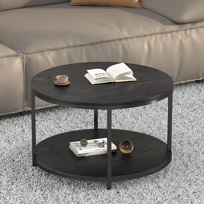 NSdirect Round Coffee Table, 25.6" Small Coffee Table for Living Room,2-Tier Rustic Wood Desktop with Storage Shelf Modern Design Home Furniture(Black)
