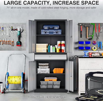 Metal Storage Cabinet with Doors and Shelves,Garage Storage Cabinets with Lock and Drawer,Metal Cabinet with Locking Doors,4 Door Steel Cabinet,71" Tall Lockable Cabinets for Garage,Home,Office