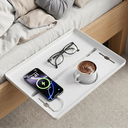 JOYMOOP Clip-On Bedside Shelf for Bunk Beds, Dorm Room Essentials, Bedside Caddy, No-Tool Install Bed Side Table Storage for Loft, Platform Beds, Nightstand Caddy for Phone, Glasses, Book (White)
