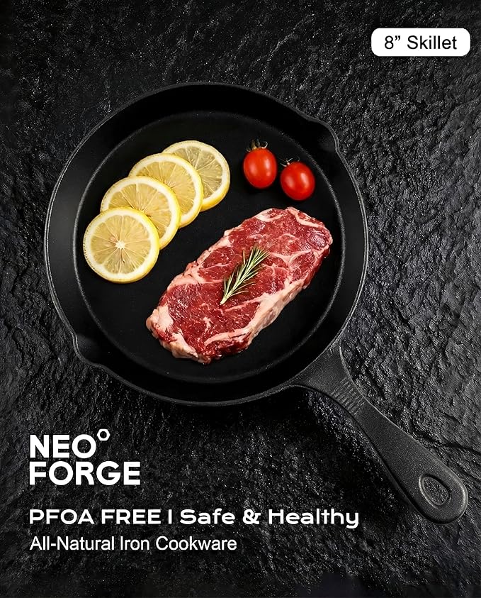 Cast Iron Skillets, 8 Inch Frying Pan with Teardrop Handle, Oven Safe, Durable Camping Cookware for Stove & Grill Use, Indoor/Outdoor