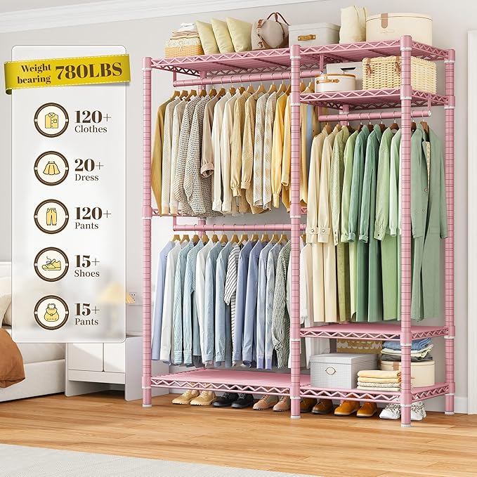 Raybee Portable Closet 780LBS, Heavy Duty Clothes Rack, Freestanding Clothing Rack with 3 Hanging Rods & 6 Shelves, Adjustable Wardrobe Closet Organizer System, Pink