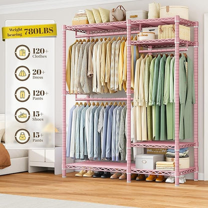 Raybee Portable Closet 780LBS, Heavy Duty Clothes Rack, Freestanding Clothing Rack with 3 Hanging Rods & 6 Shelves, Adjustable Wardrobe Closet Organizer System, Pink