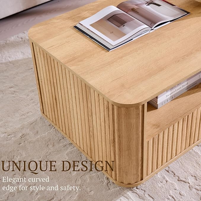 ACCOHOHO 51" Fluted Coffee Table with Storage, Large Modern Center Table with 2 Drawers, Rectangle Wood Coffee Table for Living Room, Natural Oak