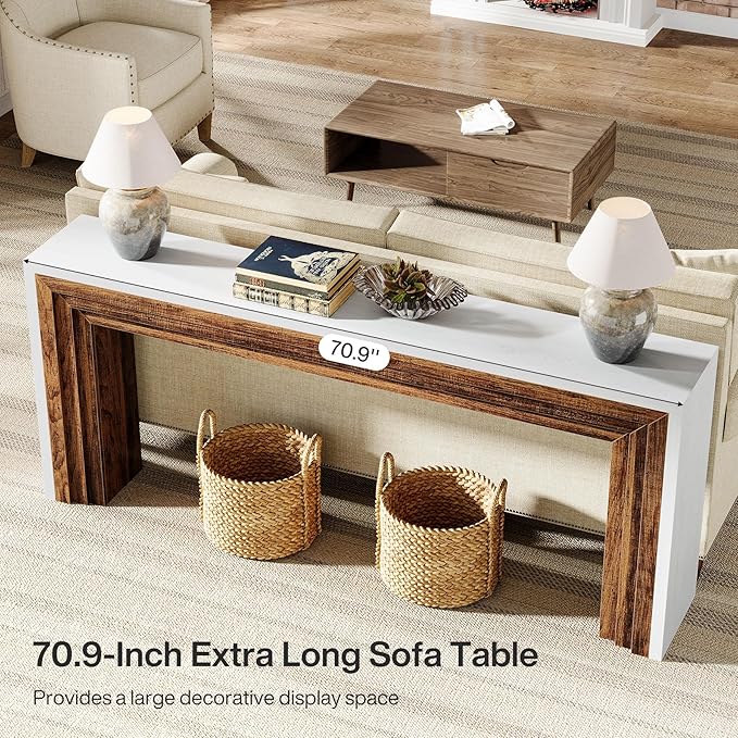 Tribesigns 70.9-Inch Long Console Table, Farmhouse Narrow Wooden Sofa Table Behind The Couch for Living Room, Entryway, Hallway, Foyer, White + Brown