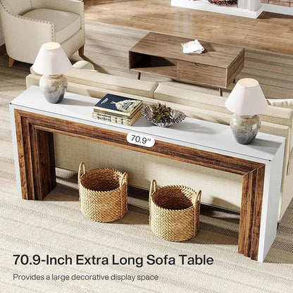 Tribesigns 70.9-Inch Long Console Table, Farmhouse Narrow Wooden Sofa Table Behind The Couch for Living Room, Entryway, Hallway, Foyer, White + Brown