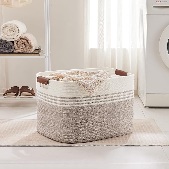SunNewt 100L Extra Large Laundry Basket with Leather Handles for Living Room Storage, Woven Rope Baskets for Blanket, Kids Toy, Gifts, Wicker Hamper for Bedroom Dirty Clothes, 24"x16"x16" White Brown