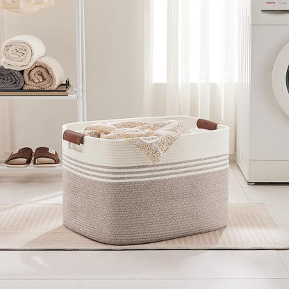 SunNewt 100L Extra Large Laundry Basket with Leather Handles for Living Room Storage, Woven Rope Baskets for Blanket, Kids Toy, Gifts, Wicker Hamper for Bedroom Dirty Clothes, 24"x16"x16" White Brown