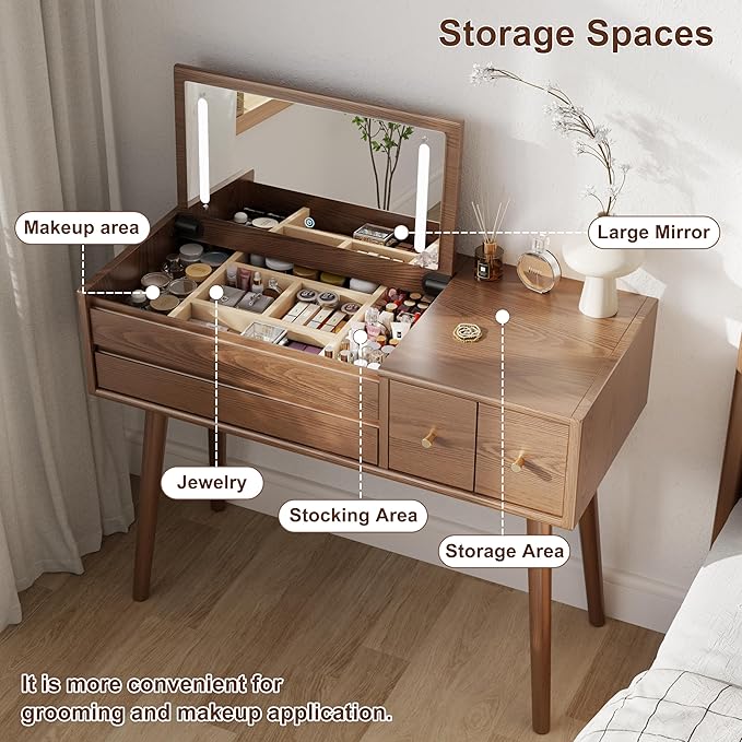 Wood Vanity Desk with Mirror and Lights, Dressing Vanity Table Vanity Set 4 Drawers, 40 Inch Large Make Up Vanity Table Wooden with 3 Lighting Modes for Bedroom Walnut(with Adapter)