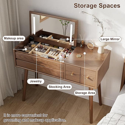 Wood Vanity Desk with Mirror and Lights, Dressing Vanity Table Vanity Set 4 Drawers, 40 Inch Large Make Up Vanity Table Wooden with 3 Lighting Modes for Bedroom Walnut(with Adapter)