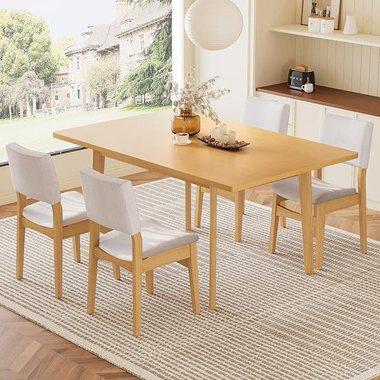 5-Piece Dining Set Modern Dinner Table Set for 4, Wood Dining Table with 4 Upholstered Chairs, 60" Rectangular Table with Stackable Chairs Padded Seat Backrest for Dining Room Kitchen Apartment