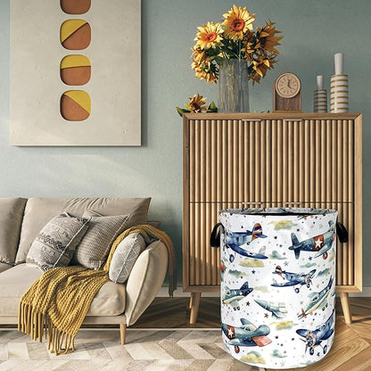 Watercolor Plane Laundry Basket Foldable Cartoon Laundry Hamper Oxford Cloth Plane Printed Colorful Tote Bag Clothes Toy Storage Bucket For Bathroom/Laundry Storage/Bedroom 18.9x16.5 Inch