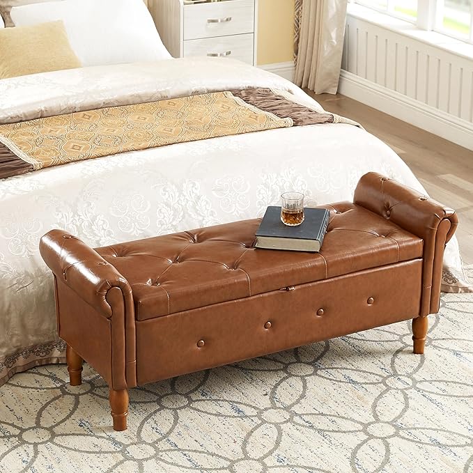 Storage Ottoman Bench, 50" Modern Upholstered End of Bed Bench, Faux Leather Rolled Armed Button-Tufted Ottoman with Storage for Living Room, Entryway, Window, Brown