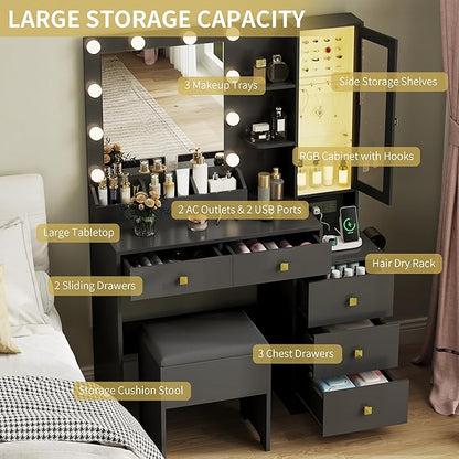 Vanity Desk with Mirror and Lights,Makeup Table & RGB Storage Cabinet,Large Drawer & Storage Shelves,5 Drawer,Bedroom Dressing Table, Black