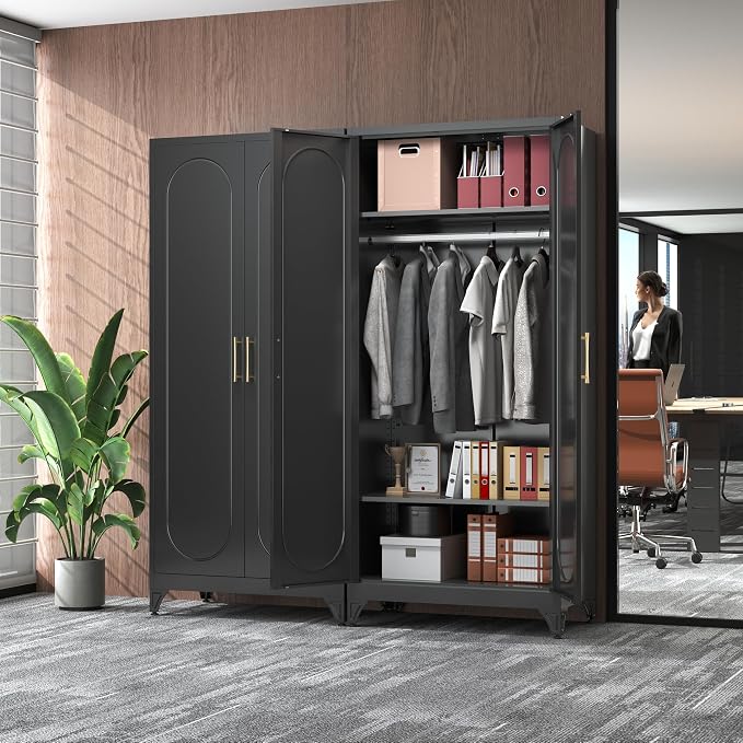 SteeLoong 71" Metal Armoire Wardrobe Closet with Doors,Tall Clothing Storage Cabinet with Adjustable Shelves and Hanging Rod,Black Wardrobe Closet for Bedroom,Home,Office,Gym