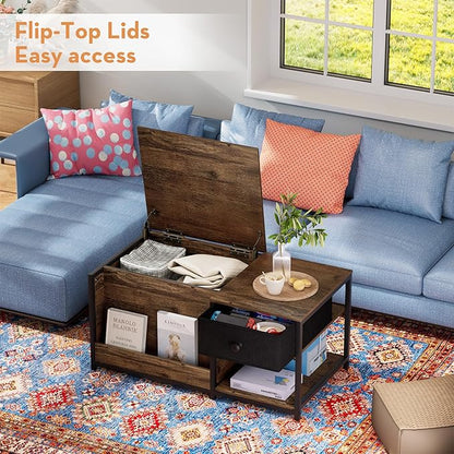 SINPAID Coffee Table with Storage, Rectangular Coffee Tables for Living Room, Farmhouse Coffee Table with Hidden Storage Compartment and Adjustable Shelves, Walnut