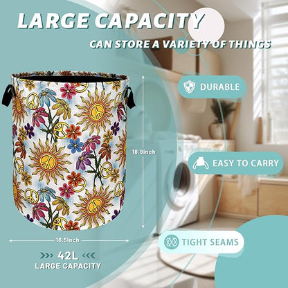 Colorful Hippie Peace Flowers Laundry Basket Foldable With Handles Tote Bag Oxford Cloth Funny Laundry Hamper Clothes Storage Bucket Toy Organizer For Bathroom/Laundry/Bedroom 18.9"x16.5 "