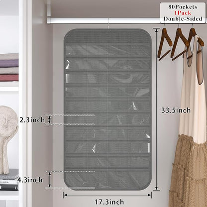 1 Pack Hanging Jewelry Organizer 80-Pocket Dual-sided Jewelry Storage for Earring Necklace Bracelet Ring Travel Holder, Gray