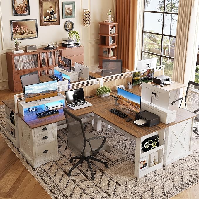 FREDEES Executive L Shaped Desk with Led Lights and Movable Stand, 59 inch Farmhouse Corner Computer Desk with File Drawers, Home Office Desk with Charging Station for Working, Gaming - Antique White